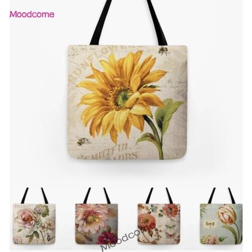 Vintage Sunflower Peony Hydrangea Spring Flower Oil Painting Art Fashion Shoulder Bag Large Size Waterproof Floral Shopping Bag
