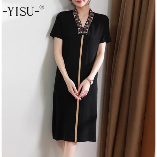 YISU 2021 Summer New Women Dress V-Neck Loose Knitted Dress Short sleeve Knee-length skirt Casual Female Dress Thin section