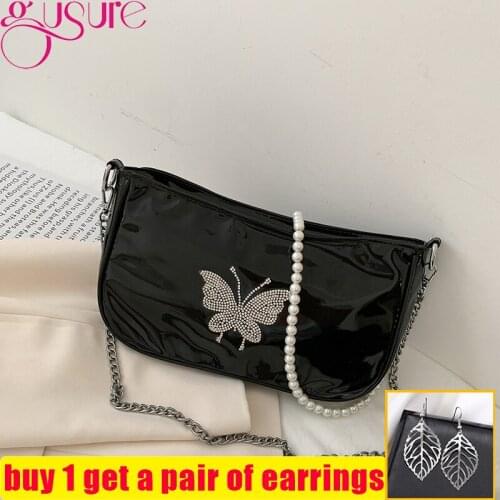 Gusure Butterfly Patent PU Leather Ladies Armpit Bag Vintage Design Pearl Chain Women Shoulder Bag Small Fashion Clutch Handbag