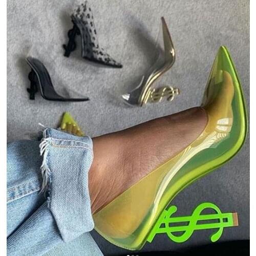 Moraima Snc Hot Selling Transparent PVC Patchwork High Heel Shoes Sexy Poitned Toe Strange Heels Woman Pumps Party Dress Shoes