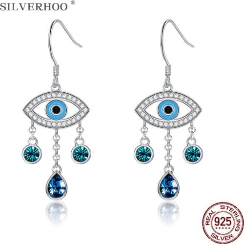 SILVERHOO 925 Sterling Silver Demon Eye Water Drop Earrings For Women Blue Austria Crystal Romantic Anniversary Gift Hot Sale