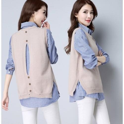 Pize Size Womens Slim Striped Shirt And Sweater Vest Two Piece Suit Korean Loose Sleeveless Knitted Waistcot Women Set 4XL Q78