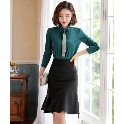 Ladies Work Blouses for Women 2 Piece Skirt and Tops Sets Green Shirts with Tie Office Uniform Styles