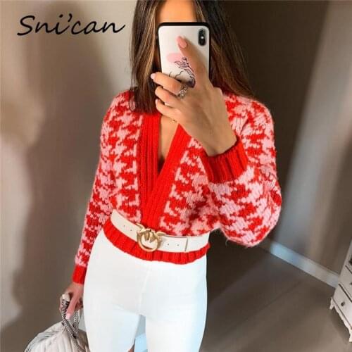 Orange Houndstooth Sweater Ladies Fashion Open Stitch Knitted Cardigan Autumn Winter Female Chic Tops Za 2021 Chandails Outwear