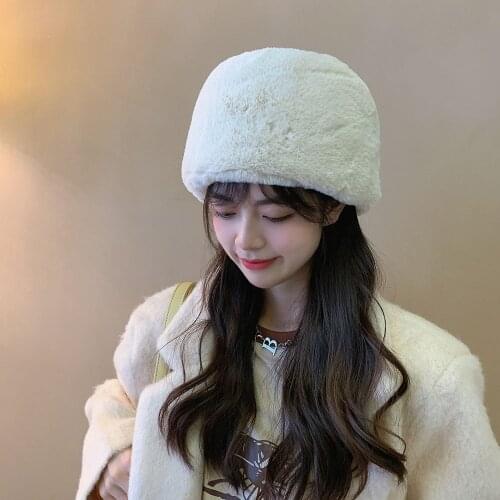 Winter Thicken Warm Faux Rabbit Fur Hat Russian Outdoor Ski Cap Fashion Soft Comfortable Women Casual Pure Color Beanies Gift