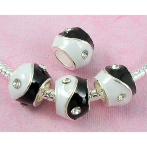 20 Pcs/Lot Yin Yang Big Hole Charm Beads Inlay Crystal Silver Plated Black / White For European Bracelet Jewelry DIY EE14