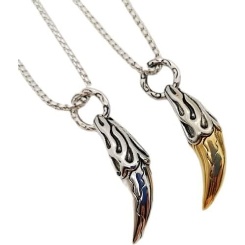 Retro 2 tone stainless steel 3D wolf tooth charm necklace mens cool hip hop Powerful teeth necklace charm jewelry fashion