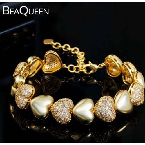 BeaQueen Love Heart Shape Bracelets for Women Micro Paved Cubic Zirconia Gold Color Adjusatble Boho Bangle Party Jewelry B194