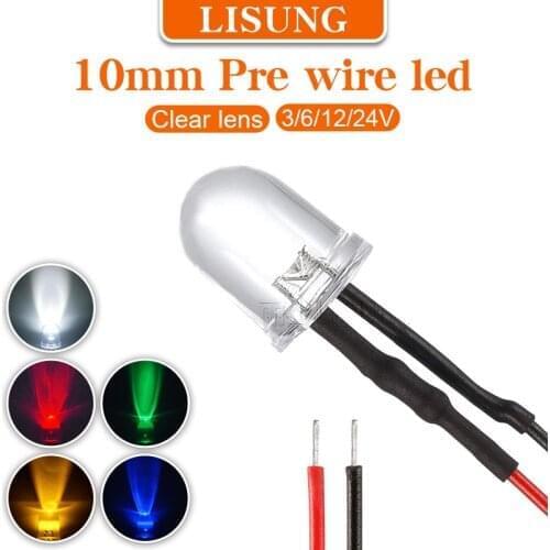 Dc 3v 6v 12v 24v Single Pre Wire 10mm Led Light Red White Blue Yellow Lamp Diodes Led Prewired Wired Emitting Diode With Lead