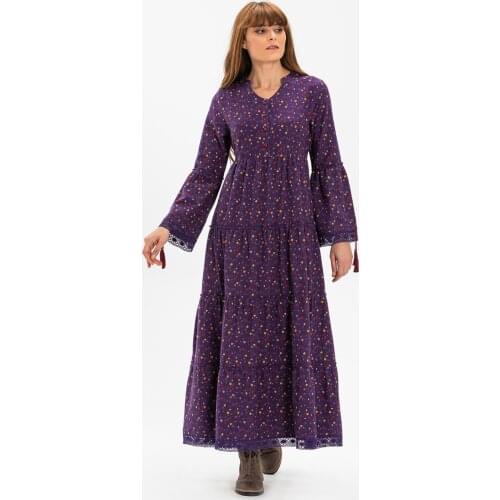 Handmade Crispy Patterned Sleeves Tassel Detail Long Cotton Fabric Flannel Dress 2021 Autumn And Winter Womens Clothing