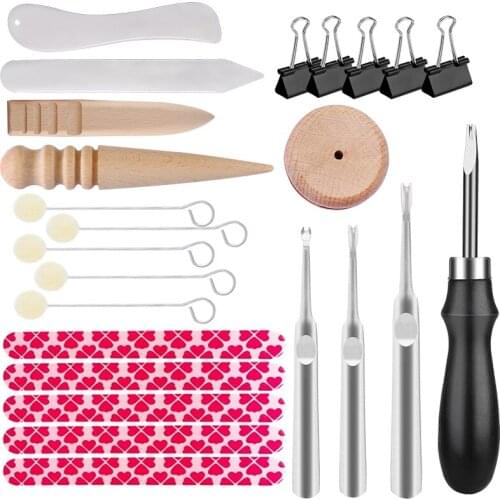LMDZ 23 Pcs Leather Tools with Leather Skiving Tools,Wool Daubers,Sanding Strip,Clips,Wood Slicker Burnisher,Shaped Groover