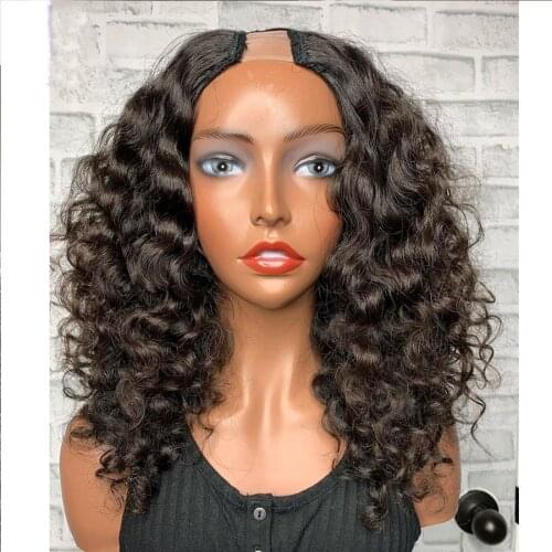 Short U Part Curly Wig Human Hair Brazilian Remy Hair Upart Wigs Natural Black For Black Woman Middle/Left/Right U Opening