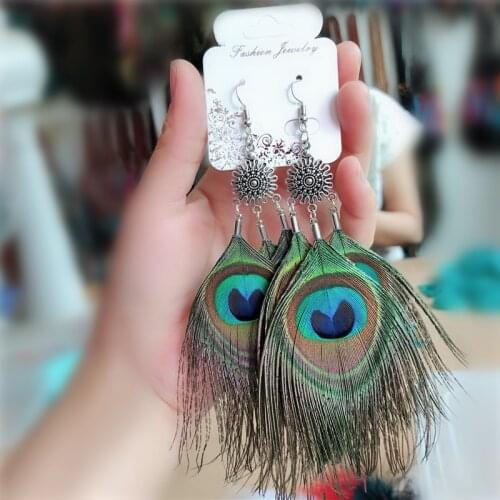 LE SKY Charming Nice Vintage Peacock Feather Earrings Elegant Dangle Hollow Flower Earrings jewelry Fashion Jewelry