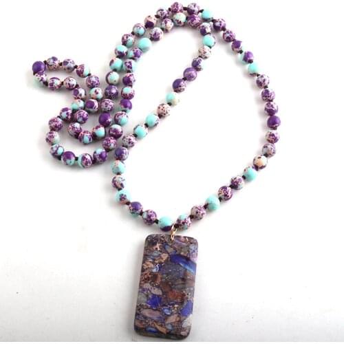 RH Fashion Bohemian Jewelry Semi Precious Stone Knotted Rectangle Stone Pendant Necklaces For Women Boho Gift