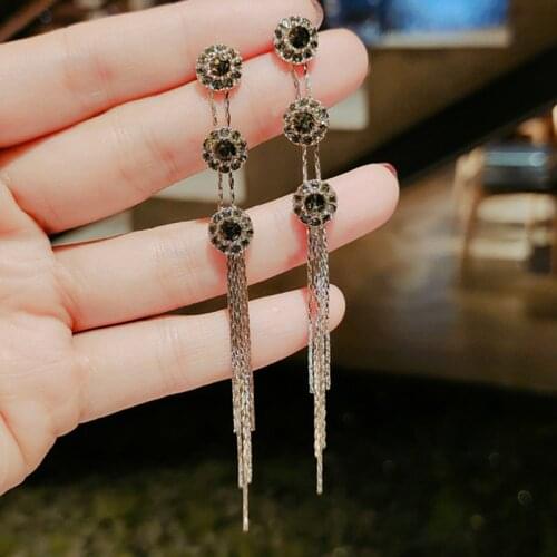 Fashion Black Long Tassel Rhinestone Drop Earrings For Women Geometirc Round Korean Earrings Brincos 2021 Trend Jewelry Gift