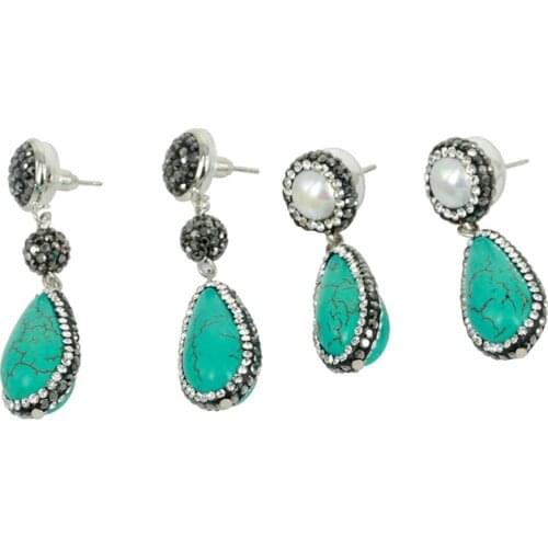 Trendy Jewelry Water Drop Natural Blue Turquoises Stone Charm with Freshwater Pearl Top Dangle Earring For Women Wedding Party