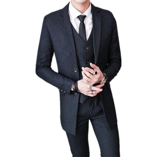 2021 New Men Jacket Vest Pants Business Casual Blazers 3 Piece Set Wedding Formal Stripes Boutique Long Coat Trousers Waistcoat