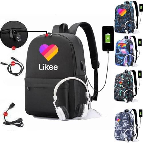 Russia Likee App "LIKEE 1 (Like Video)" Backpack USB Charging School Bags Men Anti-theft Heart Cat Mochila for Teenage Girls