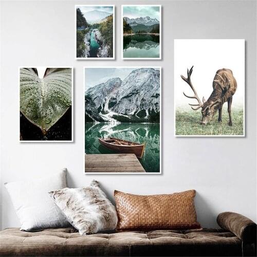 Scandinavian Mountain Lake Wall Art Canvas Poster Leaf Animal Deer Print Boat Landscape Painting Nordic Wall Pictures Home Decor