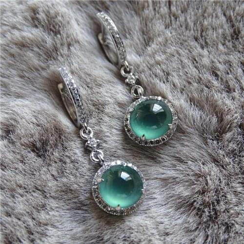 Original design natural green chalcedony earrings with diamonds, noble light luxury charm womens brand silver jewelry