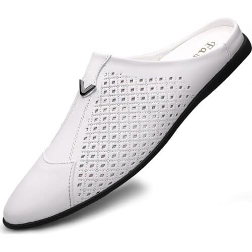 Genuine Leather Men Mules Luxury Half Shoes Casual Slip On Closed Toe Flat Fashion Summer Breathable