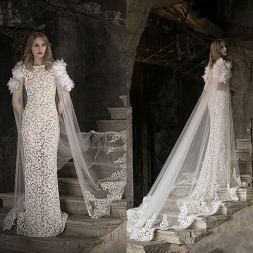 Luxury Wedding Dresses with Long Cape Lace Appliques Mermaid Bridal Gowns Custom Made Sweep Train Wedding Dress robe de mariée