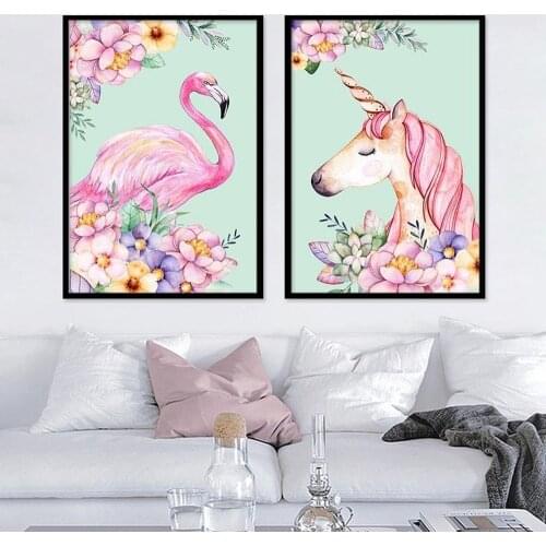 Nordic Small Fresh Plant Flower Animal Canvas Painting Pink Cute Flamingo Unicorn Posters Home Decor Wallpaper Mural Pictures