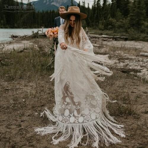 Flare Sleeve Boho Wedding Dresses Fringes Bohemian GYPSY Bridal Gowns Tassel Vestido de Noivas DW450