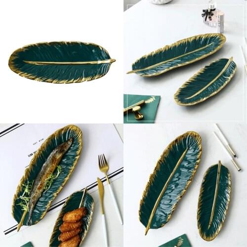 Jewelry Plate Green Golden Leaf Shaped Tray Dish Ceramic Home Decor Ornament