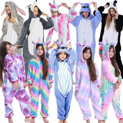 Warm Winter Boys Girl Sleepwear Pajamas Set Stitch Anime Onesies Pijama Unicornio Adults Flannel Pyjamas Kids Christmas Pajamas