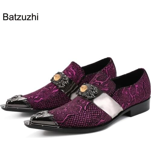 Batzuzhi New Design Men Shoes Pointed Iron Head Purple Leather Dress Shoes Men Personality Party and Wedding Zapatos Hombre