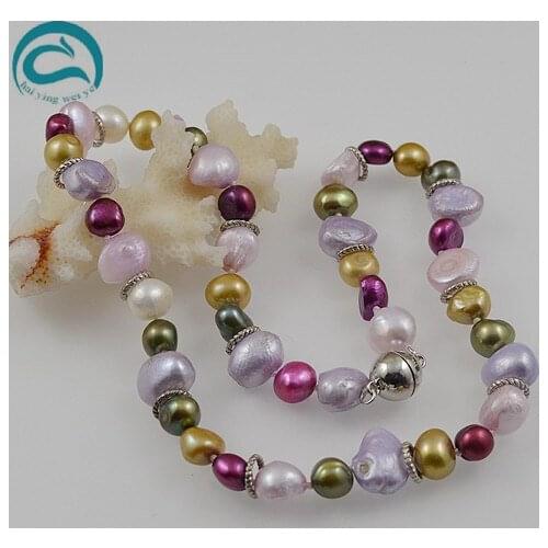 Unique Pearls jewellery Store,Mulicolor Baroque Genuine Freshwater Pearl Necklace Tible Silver Jewellery Magnet Clasp
