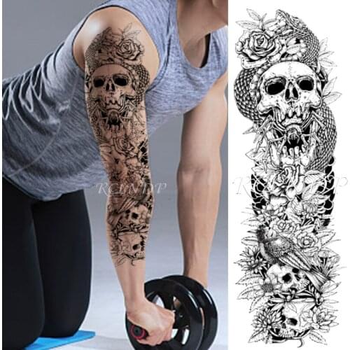 Waterproof Temporary Tattoo Sticker Owl Bird Skull Animal Flower Black Full Arm Fake Tatto Flash Sleeve Tatoo for Men Women