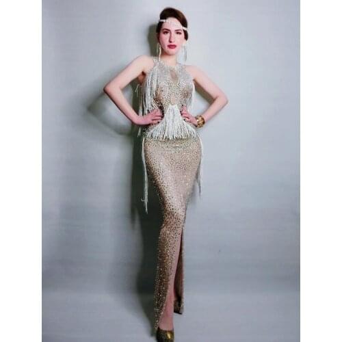 Christia Bella Fashion Stage Costumes Rompers Tassels Mesh Sexy Nightclub Dress Fashion Stretch Skinny Shining Festival Clothing