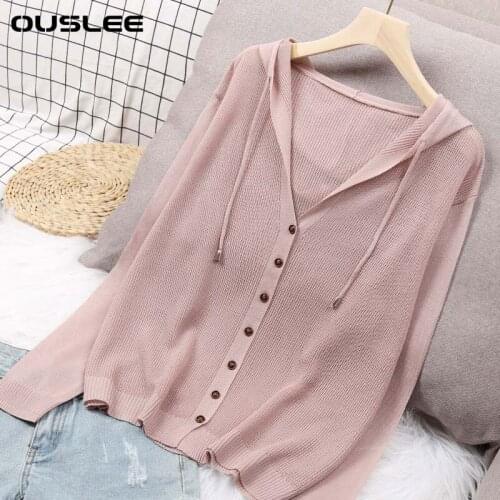 Ouslee Women Spring Summer Hooded Thin V-neck Short Long Sleeves Sweater Silk Linen Sunscreen Tops Cardigans Outerwear