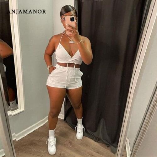 ANJAMANOR Sext Two Piece Set Bralette Crop Top and Shorts Sport Ladies Tracksuit Sets Casual Short Suits Loungewear D13-CC21