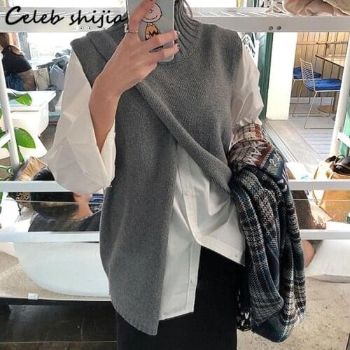 Korean Fashion Turtleneck Split Sweater Woman Gray Sleeveless Loose Knit Jumpers Female Autumn Winter Pullover Vintage