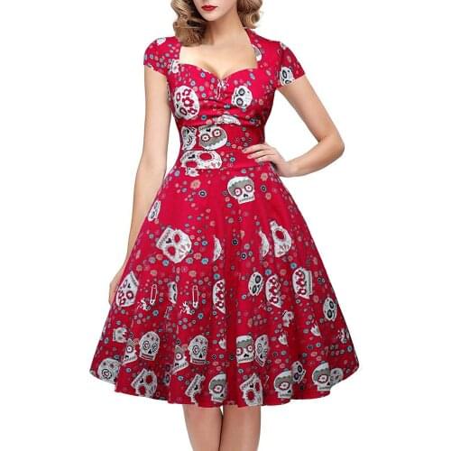 Gothic Skull Print Women Midi Dress Short Sleeved Frill Swing High-waist Square Collar Pleated Dresses Rockbilly Mall Goth Robe