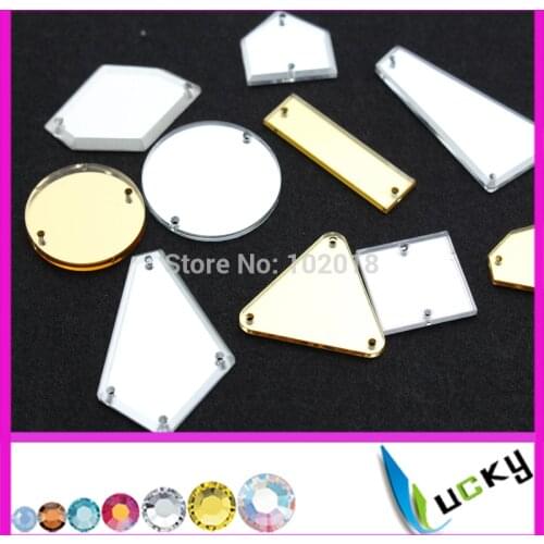100pcs Top quality mix shaped sew on acryl rhinestones with holes flat back mirror acrylic beads for clothes decortaions