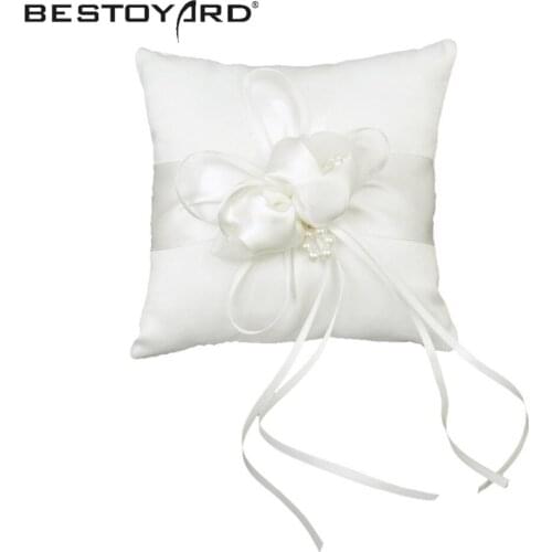 15*15cm Lovely Ring Pillow Flower Buds Faux Pearls Decor Bridal Wedding Ceramony Pocket Ring Pillow Cushion Bearer with Ribbons