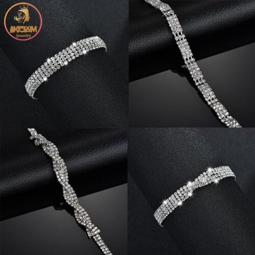 Akizoom Full of Diamonds Bracelet Link Chain Stainless Steel Rhinestone for Women Charm Wrist Birthday Party Jewelry Gift