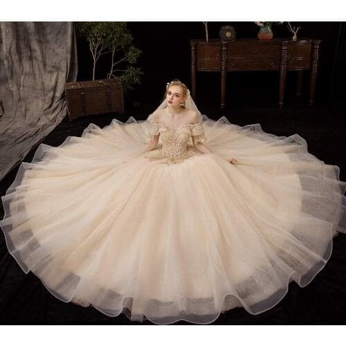 CloverBridal 2021 In Stock Glitter Champagne Wedding Dress Off The Shoulder Unexpensive robe de soirée de mariage DH9520