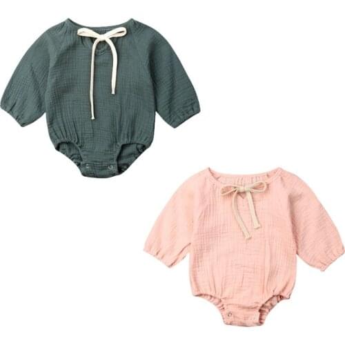 Newborn Infant Baby Girl Boy Long Sleeve Bodysuit Jumpsuit Cotton Linen Playsuits Unisex Kids Solid Color Sunsuit Outfit 0-24M
