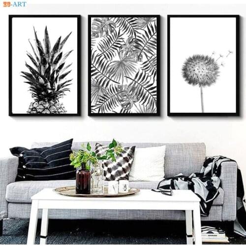 Black and White Wall Art Leaf Canvas Painting Pineapple Posters and Prints Wall Pictures for Living Room Coastal Art Home Decor
