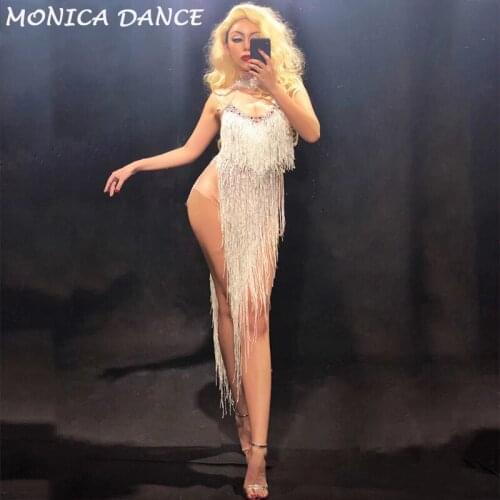 Women Sexy Stage Dj Bodysuit Long Silver Tassel Sleeveless Sparkling Crystals Jumpsuit Nightclub Party Singer Dancer Stage Wear