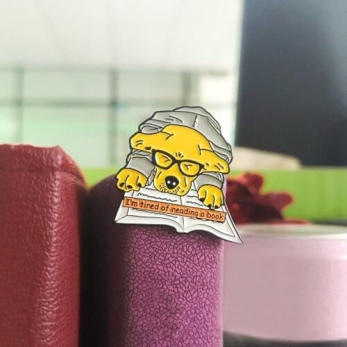 Bookworm dog enamel pin Yellow dog with black-rimmed glasses badges clothes bag Lapel pin sleep on book brooches Animal jewelry