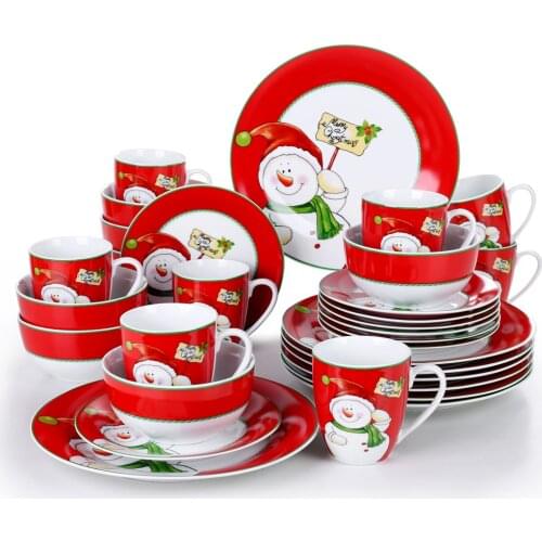 Christmas Snowman 16/32-Piece Porcelain Dinner Tableware Set with Dinner Dessert Plate,Bowl,Mug Service for 4/8 Person