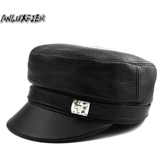 H3519 Men Black Military Hat Male Genuine Leather Cap High Quality Fashion Flat Top Outdoor Warm Casual Hats