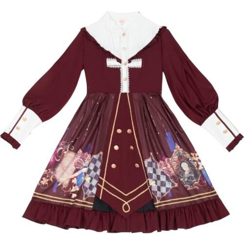 Classical Lolita Dress Long Sleece Military Double Breasted Red Lolita One Piece Dress