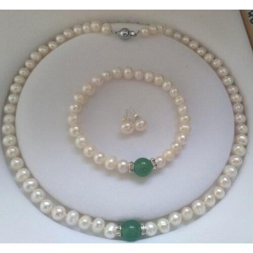 Natural White Akoya Cultured Pearl &Green Emerald Bracelet Necklace Earrings set jade Crystal Jewelry